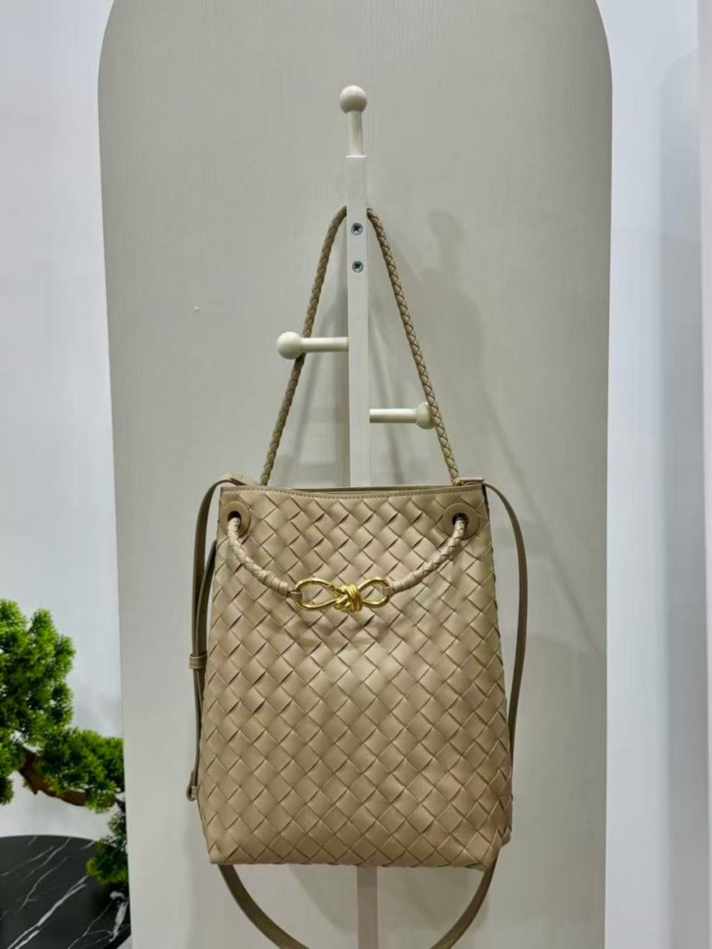 Braided Shoulder Bag with Gold Knot Accent - Beige